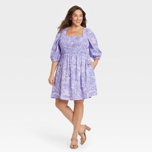 Ava & Viv Puff Elbow Sleeve Smocked Mini Dress Lavender Swirl | Size X